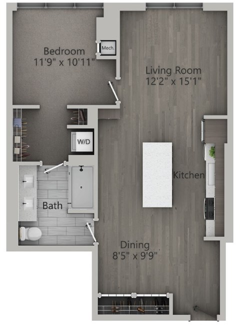 Floor plan for 1 bed, 1 bath, 788 sqft
